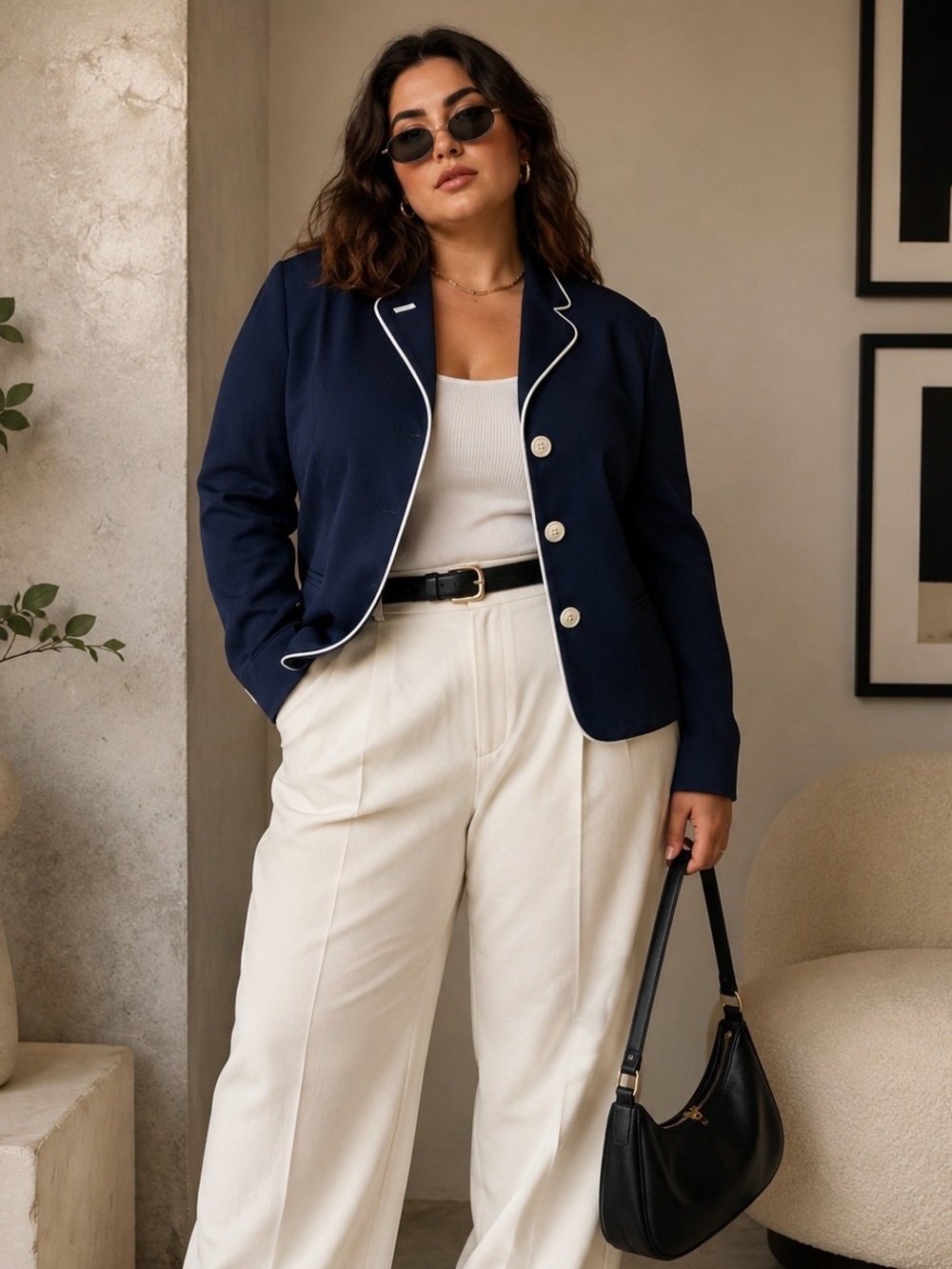 Halston Vintage Navy & White Contrast Piping Crepe Button-Up Blazer Size 14